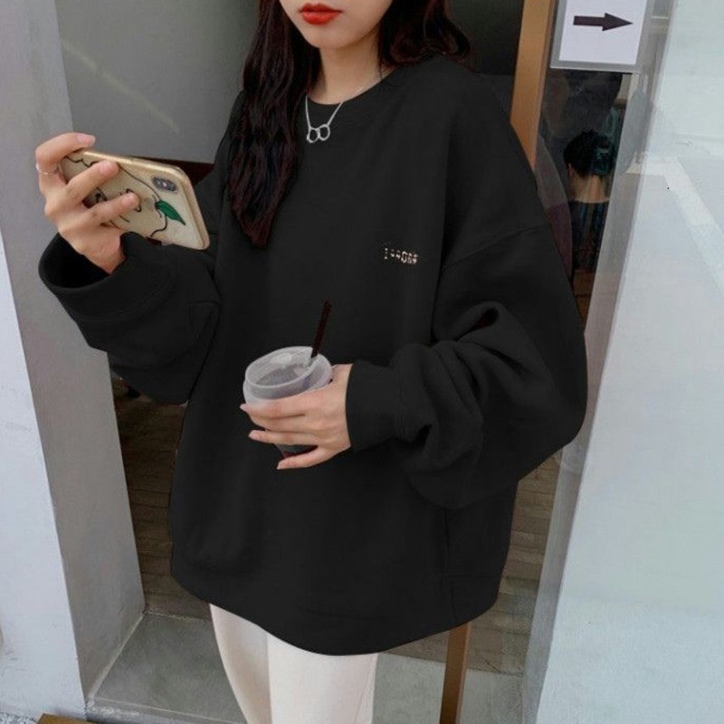 Áo sweater tay dài dáng rộng màu trơn phong cách Hàn Quốc dễ phối đồ