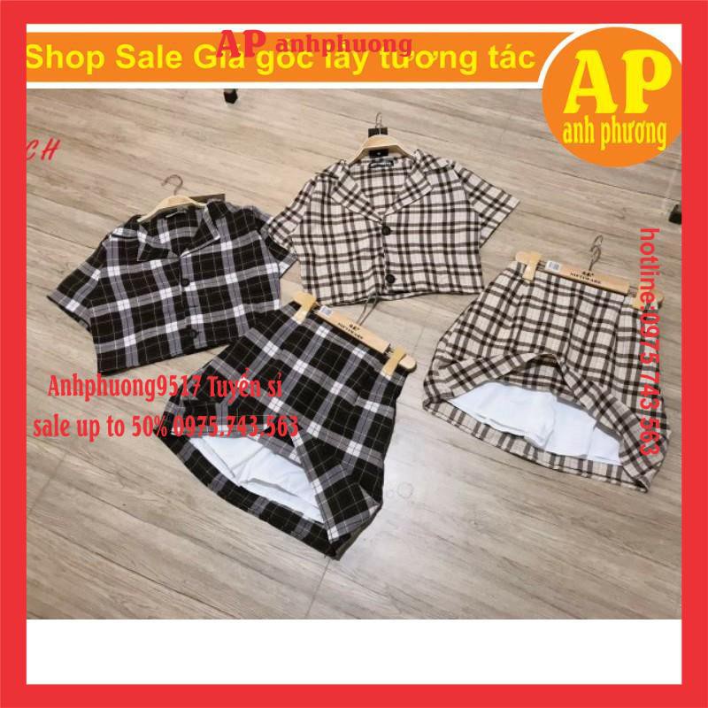 SET VÁY CHÂN VÁY KẺ SÉT ÁO VEST CROPTOP MIX CHÂN VÁY KẺ VINTAGE♥️ BỘ NỮ MẶC NHÀ PHONG CÁCH HÀN QUỐC