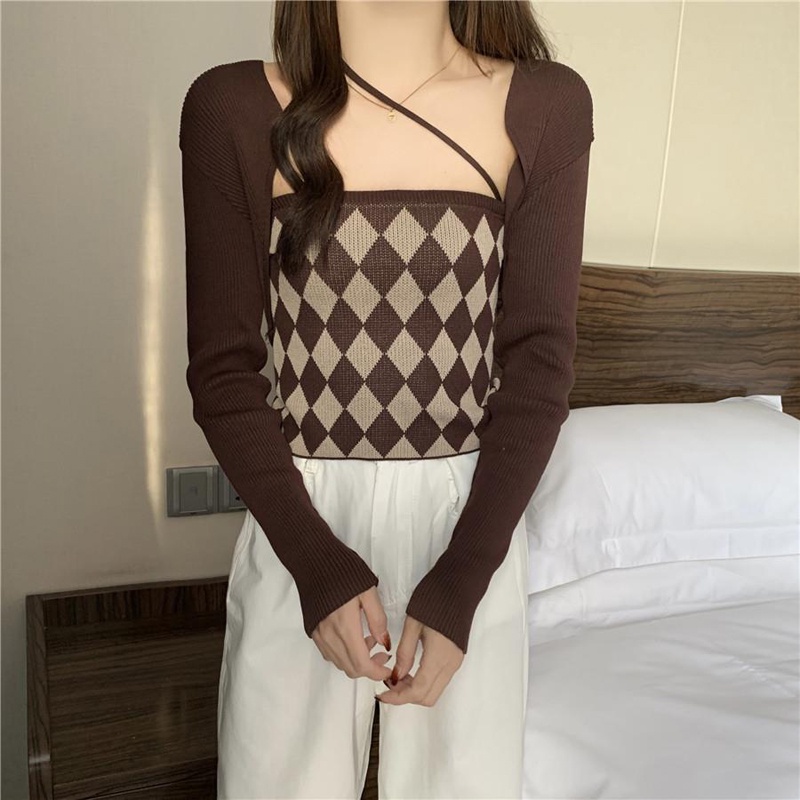 IELGY  Set Áo Hai Dây + Áo Choàng Ngắn Kẻ Caro Riêng Biệt Cho Nữ [Order]