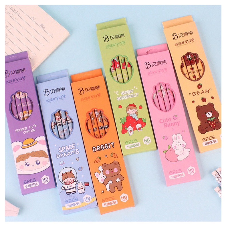 Set 6 bút viết chì HB vỏ in hình động vật cute nhiều màu sắc