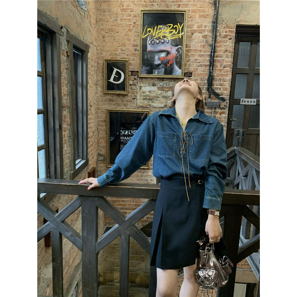 Áo Sơ Mi denim Dài Tay Trơn Màu Cột Dây 67682