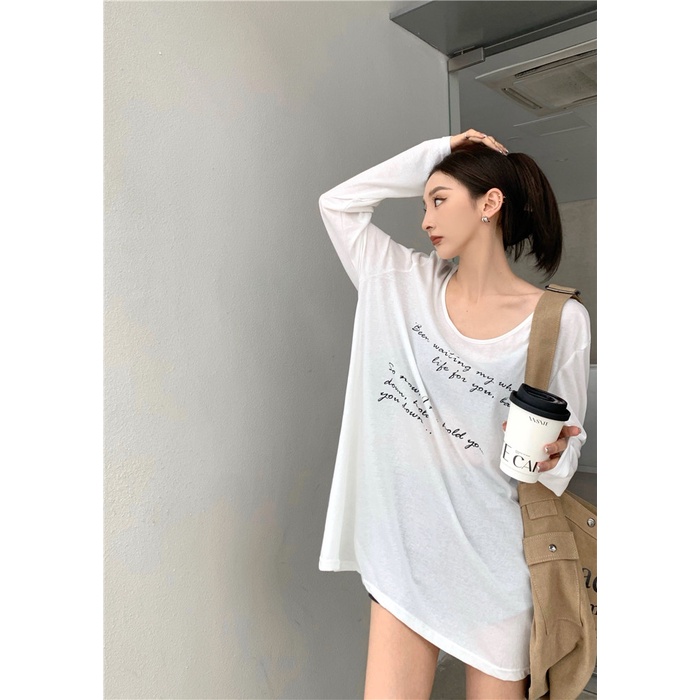 Cocory vn Áo Thun Tay Dài Dáng Rộng In Chữ Kiểu Vintage Cá Tính Cho Nữ
