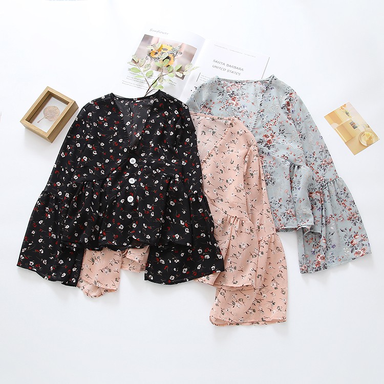 Áo Croptop Chất Chiffon Hoạ Tiết Hoa Thiết Kế Cổ Chữ V Nữ Tính