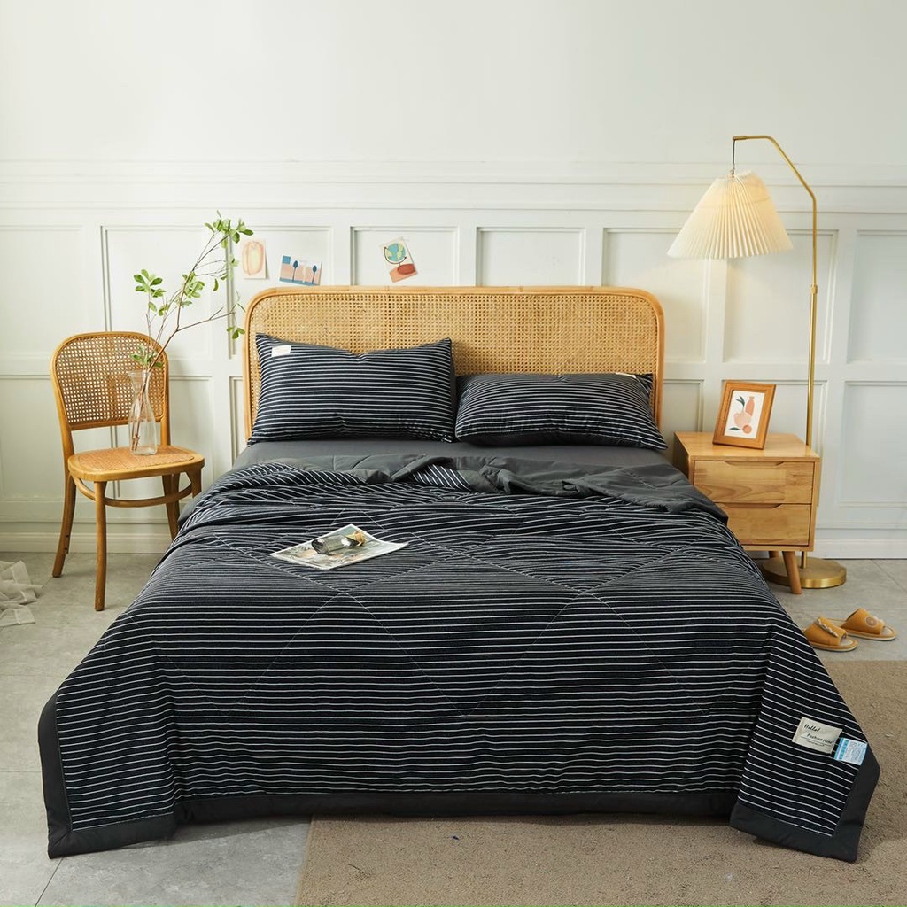 Bộ chăn ga gối cotton tici chăn trần EMMI Bedding mẫu KẺ ĐEN  grap nệm thun lạnh Hàn Quốc Drap giường đệm đủ siz