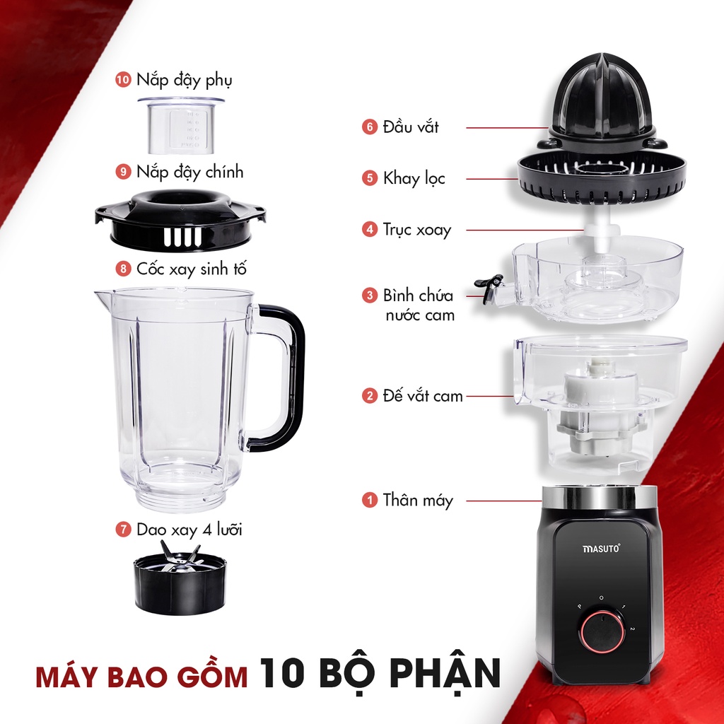 Máy xay sinh tố vắt cam đa năng Masuto Blender 3 cối say đá viên hạt siêu nhuyễn mịn xoay đồ eatclean chỉ 10s