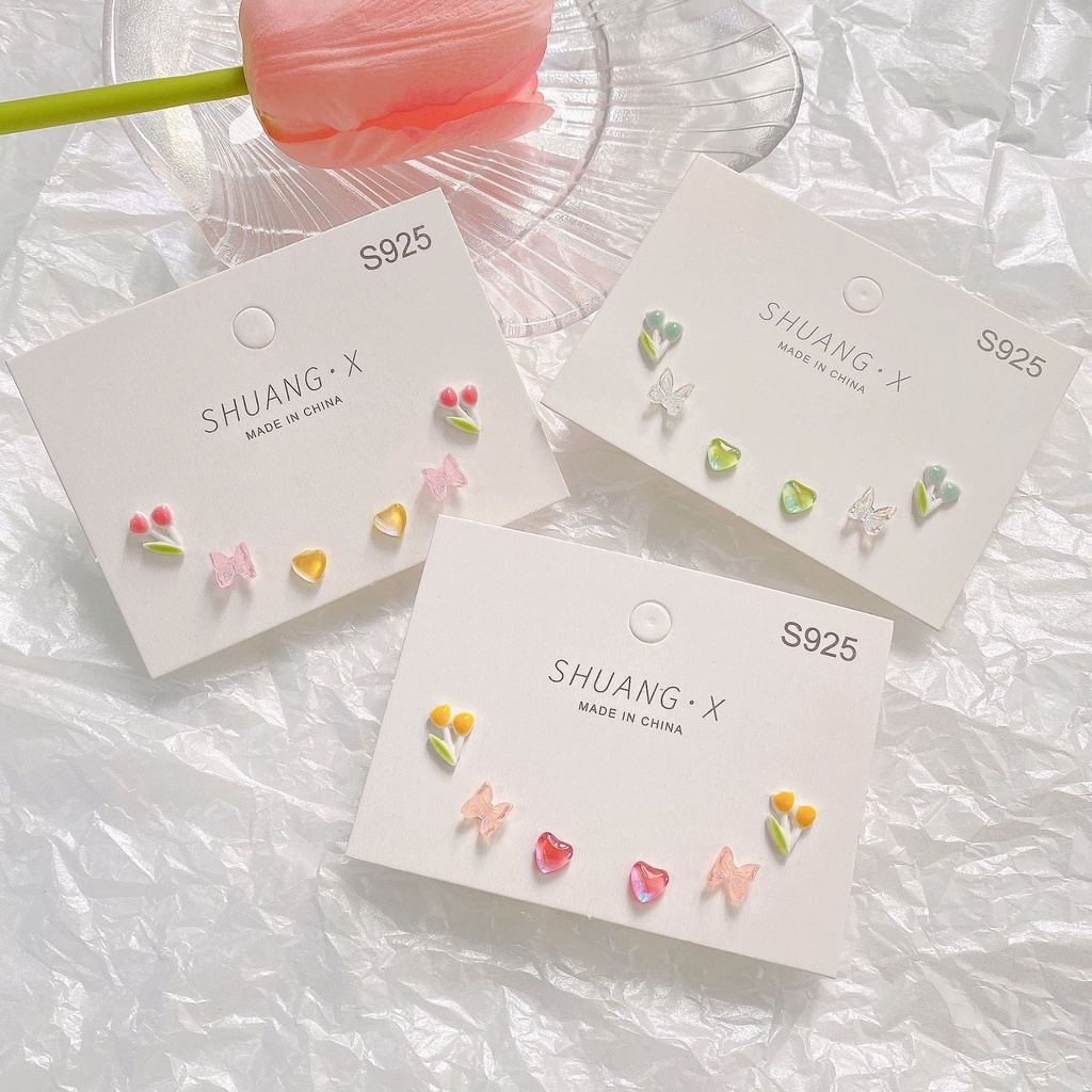 Bông Tai Mạ Bạc 925 Hình Hoa Tulip / Bướm / Trái Tim Màu Trơn Đơn Giản Thời Trang Cho Nữ