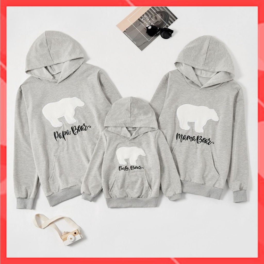 Áo Hoodie Gia đình + Nón/Túi như hình Cotton Nỉ da cá (kèm Logo thương hiệu) Gia đình Gấu Bear