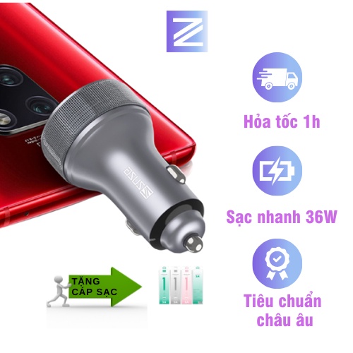 Tẩu sạc ô tô sạc nhanh 36W 2 cổng USB và type-C chính hãng ZUZG C13PD