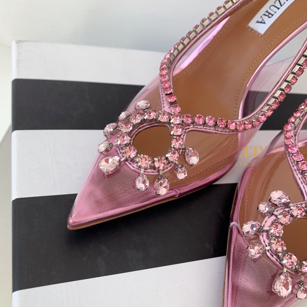 Giày cao gót nữ da thật thời trang cao cấp Aquazzura thiết kế đính viền đá sang trọng, thời thượng