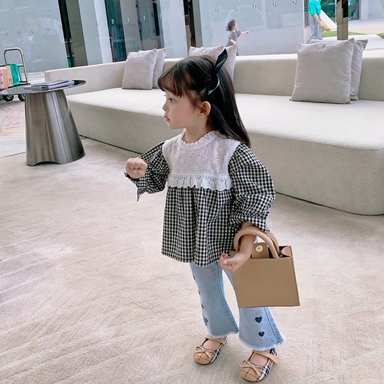 Áo tay dài phồng phối ren họa tiết sọc caro dễ thương thời trang xuân thu cho bé gái 3-8 tuổi