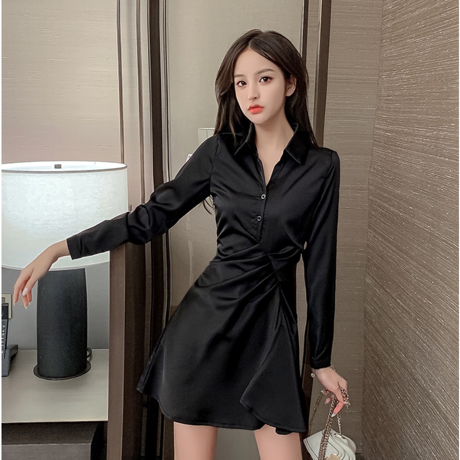 Váy sơmi đen chất lụa dúm eo siêu sang cho nữ , váy xòe ngắn nhún eo cao cấp (Hình thât/có sẵn) | BigBuy360 - bigbuy360.vn