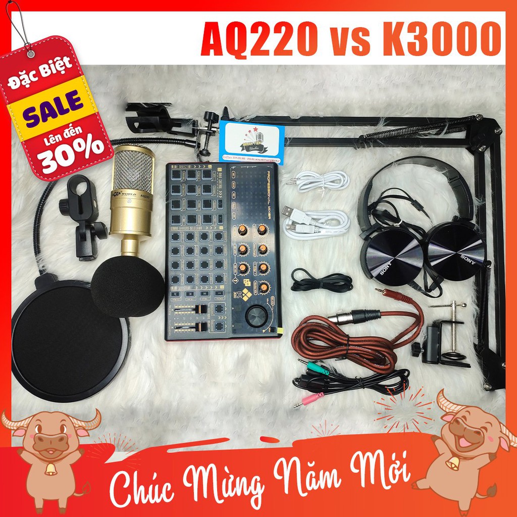 [tặng full phụ kiện] trọn bộ combo micro AQ220 + sound card K3000 + full phụ kiện livestream karaoke thu âm chuẩn xịn