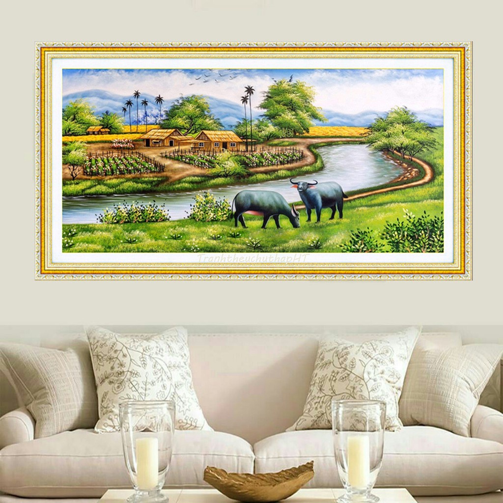 Tranh thêu chữ thập đồng quê KT:100x50cm, Tranh chưa thêu và chưa khung,tặng kéo và sỏ chỉ.