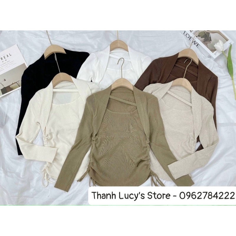 Áo len tăm nữ cổ vuông rút dây nhún 2 bên sườn, dây chéo ngực | BigBuy360 - bigbuy360.vn