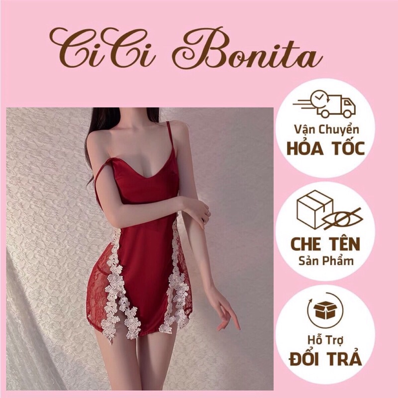 Đầm ngủ nữ / Váy lụa hoa xẻ đùi phối ren CV05 CICI BONITA HCM