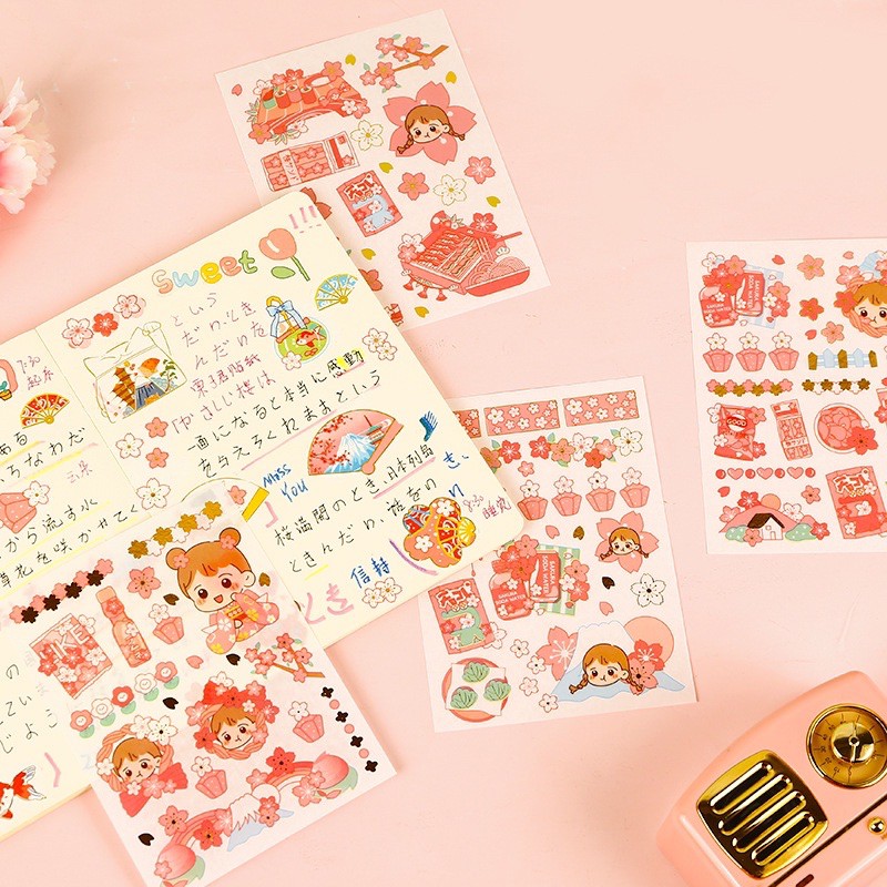 Set 04 tờ stickers ánh kim đáng yêu bé gái Nhật bản hoa sakura anh đào sẵn hàng siêu rẻ