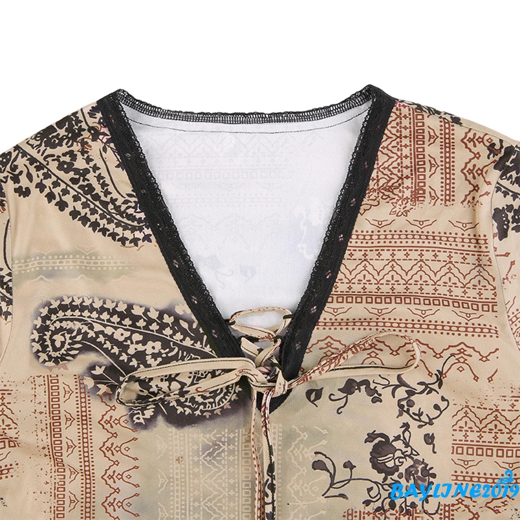 Áo thun lửng tay dài cổ V họa tiết thời trang cho nữ