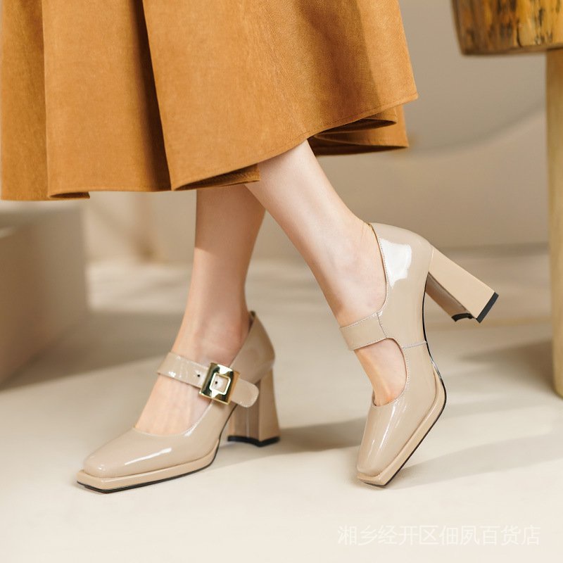 Giày Cao Gót Da Thật Mũi Vuông Đế Dày Chống Nước Có Dây Đeo Phong Cách Retro Cho Nữ PL72