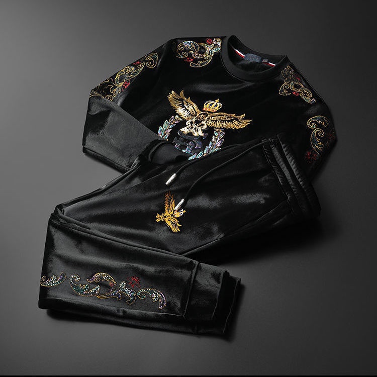 Plus Set Đồ Thể Thao Lót Nhung Dày Dặn Thêu Họa Tiết Phong Cách Âu Mỹ Cao Cấp Cho Nam