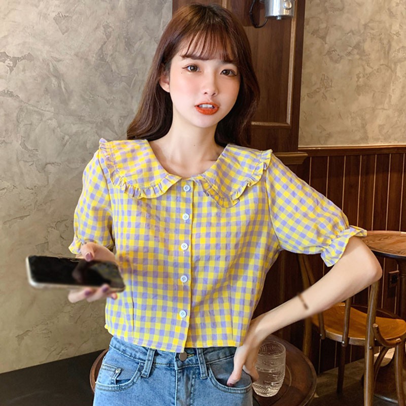 Áo Sơ Mi Ngắn Tay Ca Rô Ca Rô Cổ Búp Bê Đáng Yêu Cho Nữ