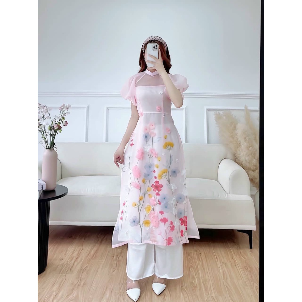 Áo dài cách tân nữ 4 tà 🎀FREESHIP🎀 Áo dài cách tân hồng thêu hoa chất liệu organza