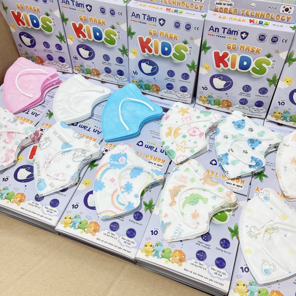 Khẩu trang Kháng Khuẩn 6D/Q6 Kids hoạ tiết ngẫu nhiên cho bé trai/gái từ 2-6t Chính Hãng Ôm mặt dễ thở 4 lớp