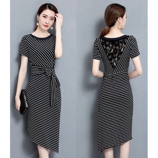 Đầm ôm thun sọc phối ren cột nơ eo