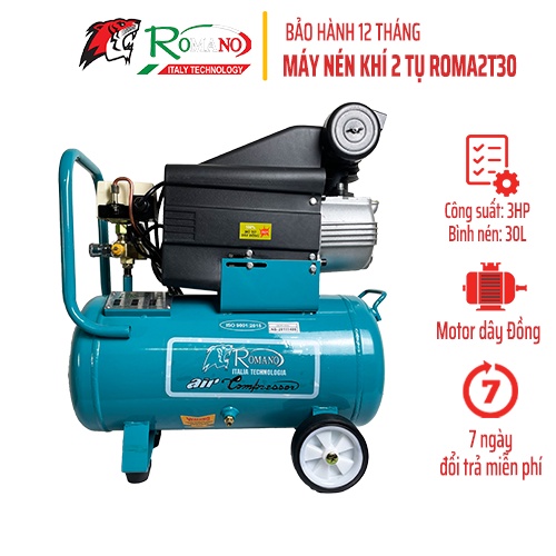 Máy nén khí 2 tụ chạy dầu ROMANO ROMA2T30 công suất 3HP dung tích 30L lên hơi đầy bình sau 70s
