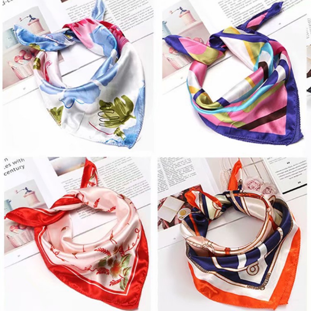 Khăn lụa satin mềm mại quàng cổ kiêm buộc tóc hình vuông phong cách Bandana cổ điển thời trang tinh tế cho nữ