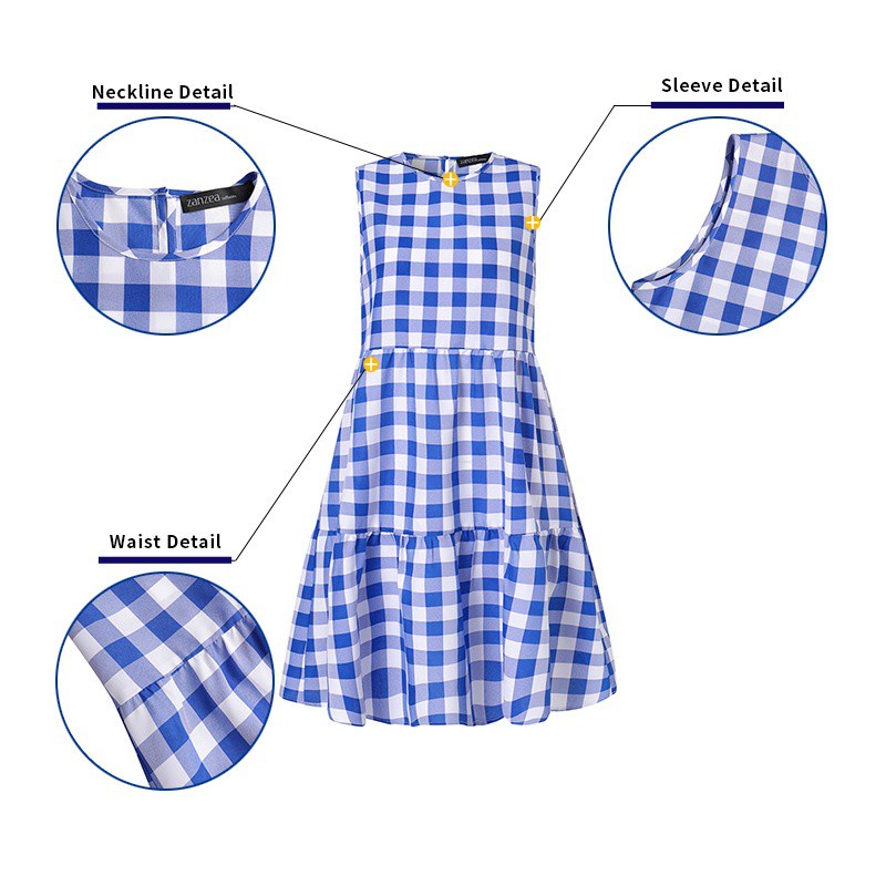 Đầm ZANZEA không tay cổ tròn họa tiết caro nhún bèo dáng rộng dành cho nữ