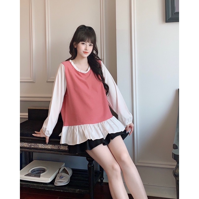Áo bầu tay dài giả hai lớp phong cách Hàn Quốc