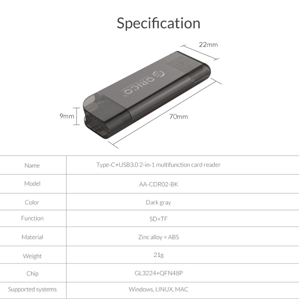 Đầu Đọc Thẻ Nhớ Sd Và Tf Orico Aa-cdr02 Cổng Usb 3.0 2 Trong 1