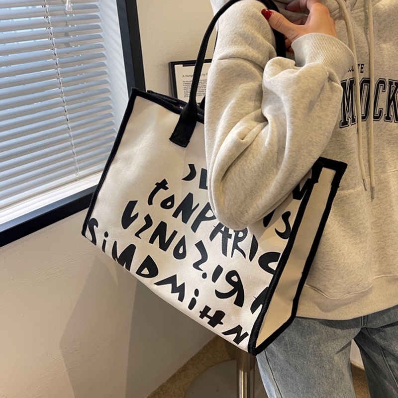 Túi Xách Đeo Vai Vải Canvas Cỡ Lớn In Chữ Tiện Lợi Cho Nữ