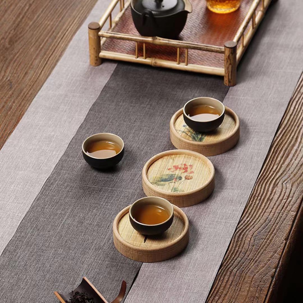Chậu lụa tre đựng chiếu thủy tinh tròn màu tím, giá để bình mây, khay trà khô, phụ kiện bộ ấm trà, ấm trà, trà đạo