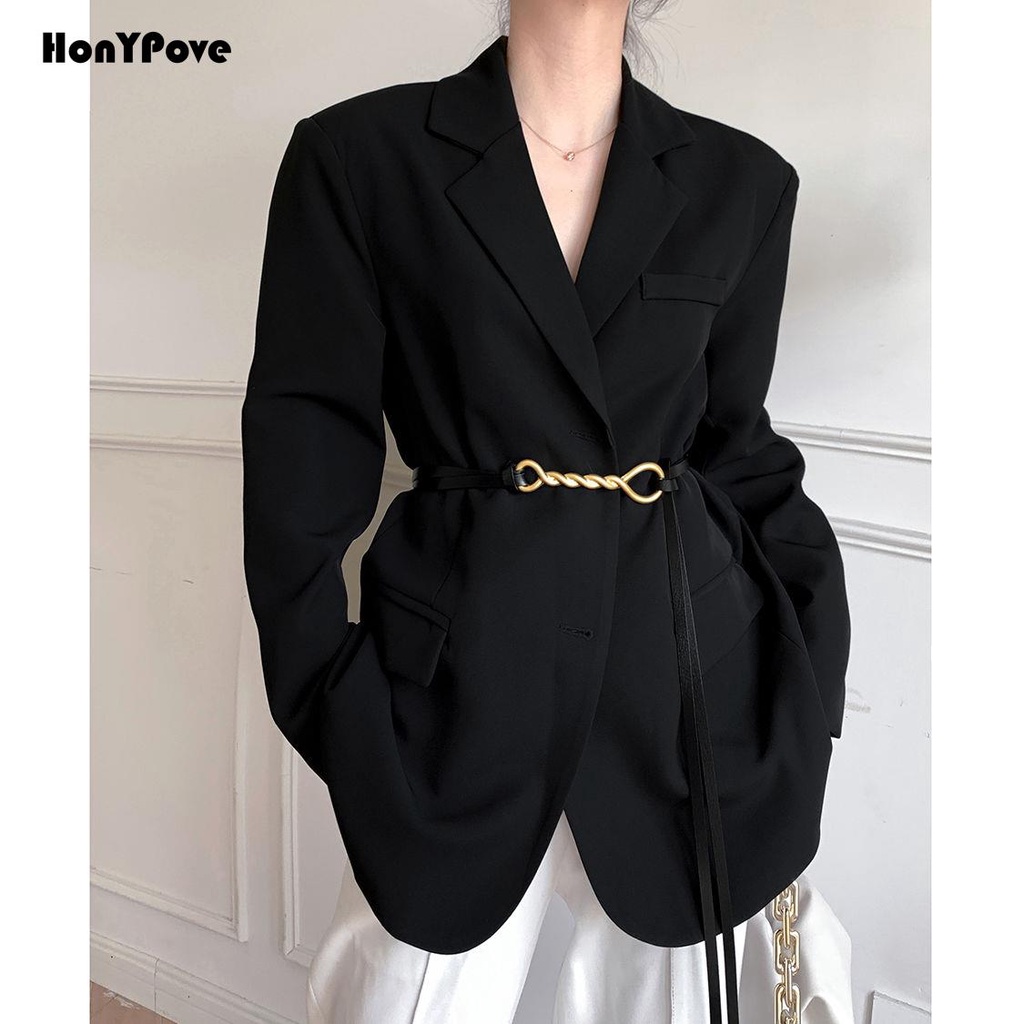 Honypove Áo Khoác Vest Đen Dáng Rộng Phong Cách vintage Thanh Lịch Cho Nữ