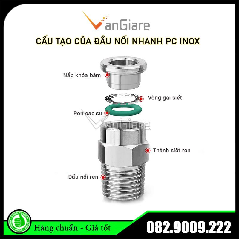 Nối nhanh khí nén ren ngoài PC inox cho ống hơi PU PA PE PVC phi 4mm 6mm 8mm 10mm 12mm 14mm 16mm
