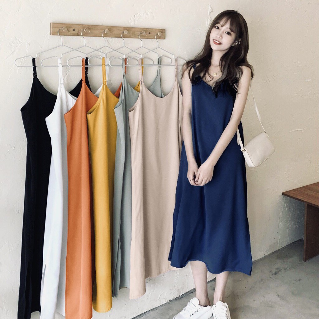 Váy 2 dây, đầm xuông - chất đũi lụa trơn basic nữ