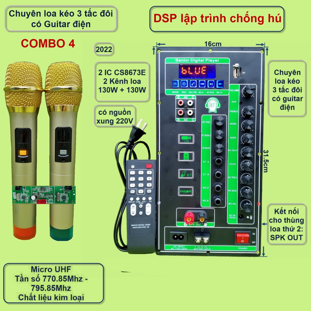 Mạch loa kéo 2 kênh 3 tấc đôi có Guitar điện 2 IC CS8673E 130W + 130W có nguồn xung 220V kèm Micro UHF đôi