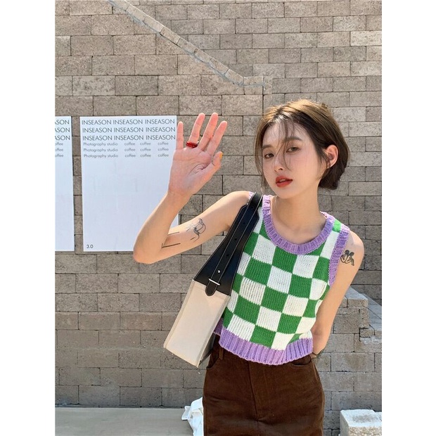 Áo dệt kim hai dây họa tiết sọc caro thời trang cho nữ