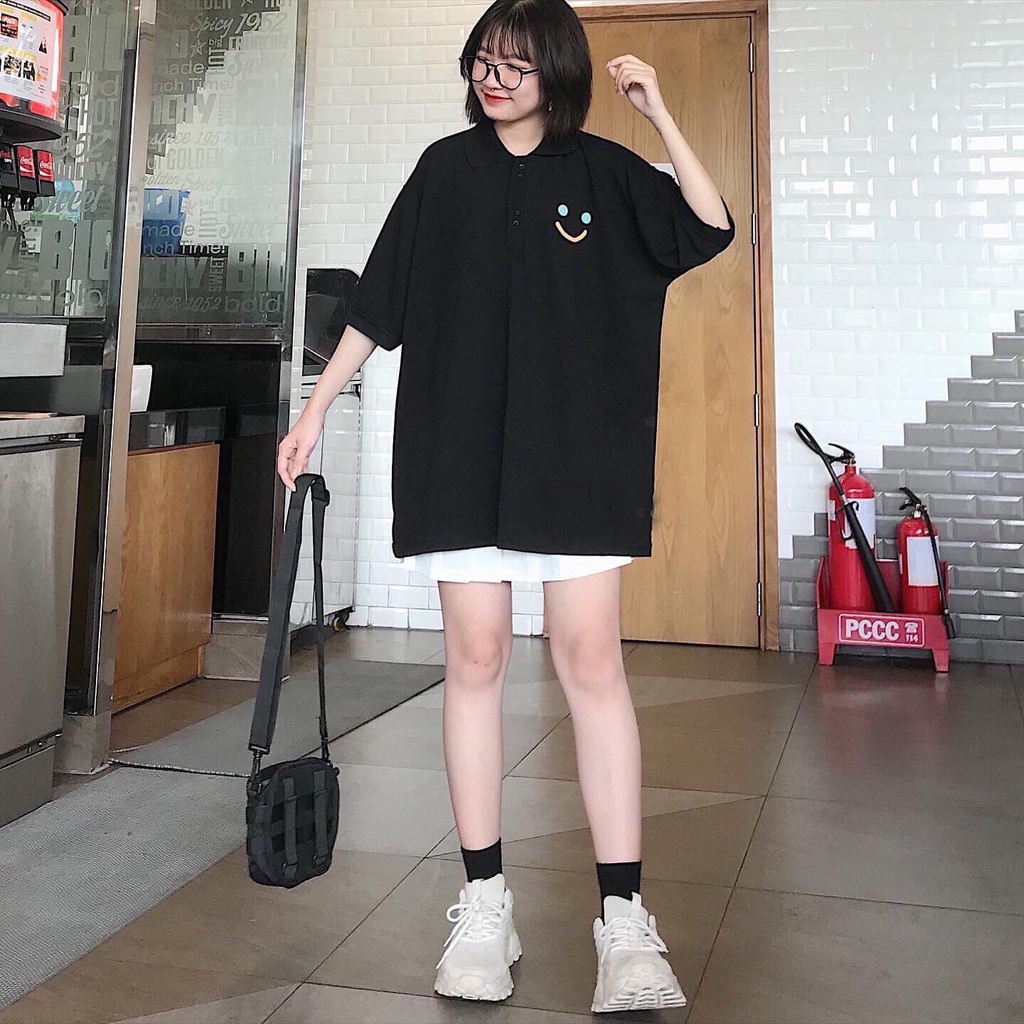 Áo thun tay lỡ Polo in mặt cười phông nam nữ unisex cotton oversize form rộng - GIN STORE