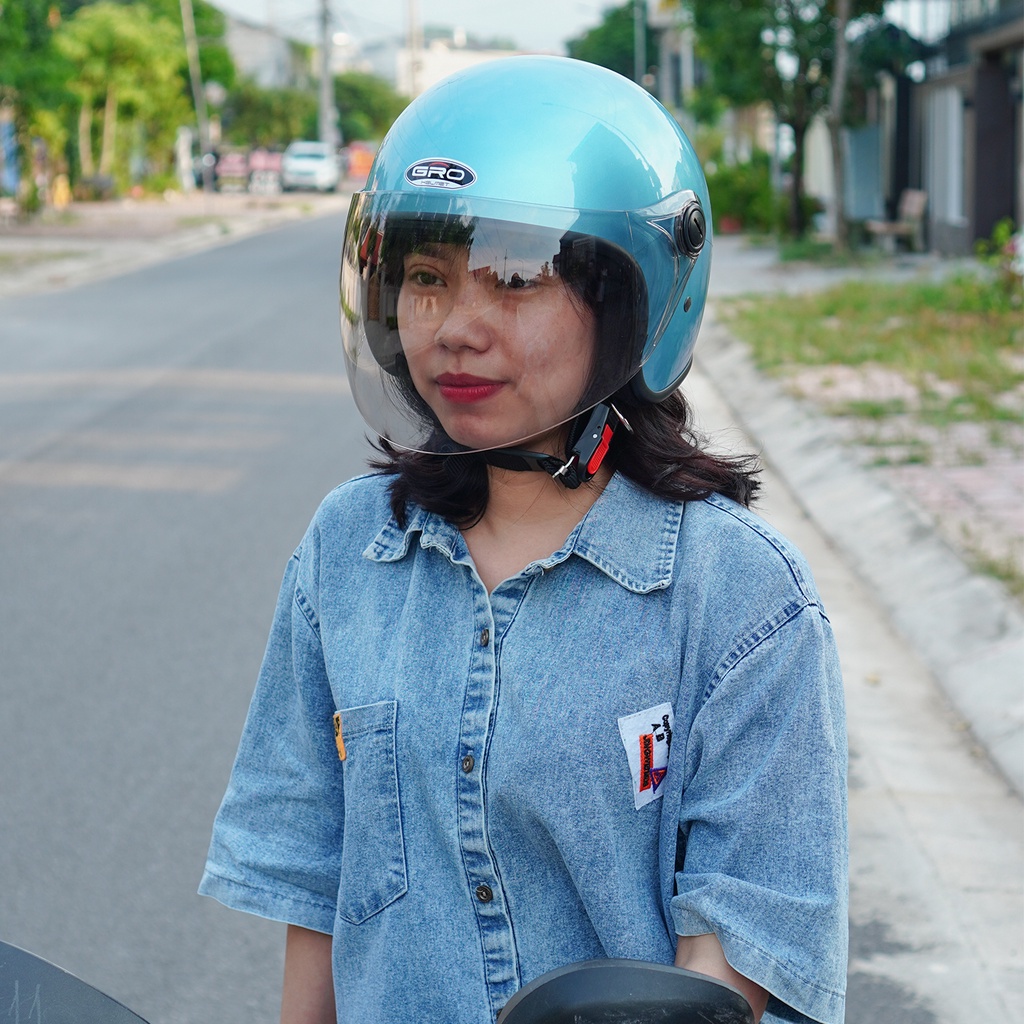 Mũ Bảo Hiểm 3/4 đầu GRO Helmet T818 có kính dài che cả mặt, kiểu dáng thời trang cho nữ, khóa kim loại - Xanh Vespa