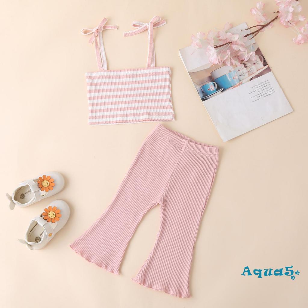 Bộ Áo Hai Dây Cổ Vuông Kèm Quần Dài Co Giãn Thời Trang Cho Bé Gái