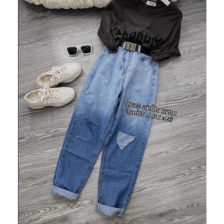 Quần baggy jean xanh loang tách kiểu cá tính - Quần bò nữ cạp cao mẫu mới 2022