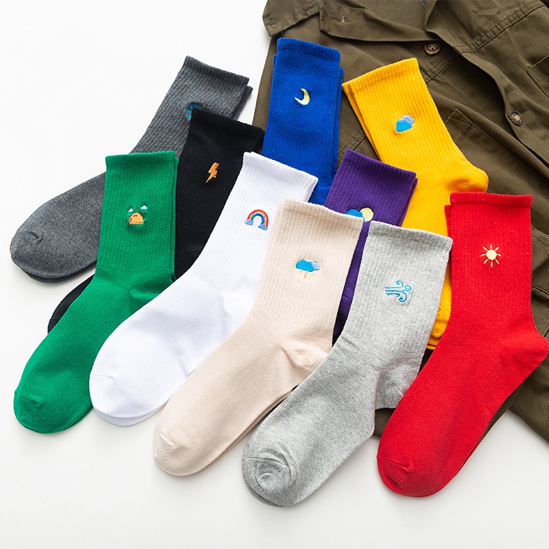 Vớ WAFNHA D354 vải cotton cổ cao thoáng khí thêu họa tiết thời trang với nhiều màu lựa chọn