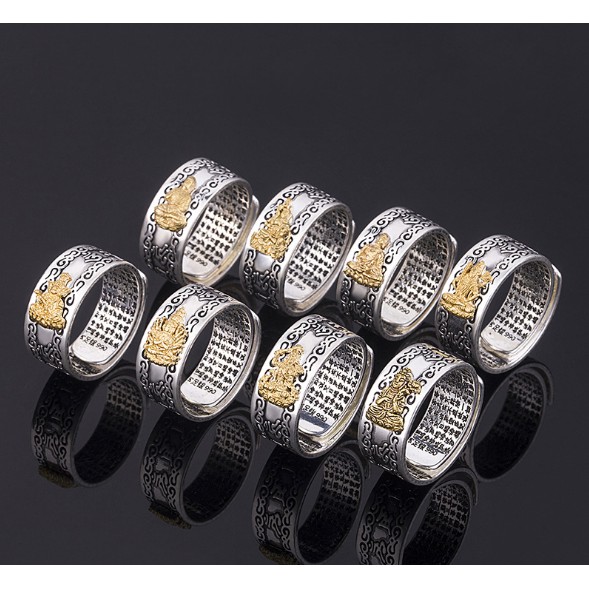Nhẫn TITAN tây tạng 8 Vị Phật Độ Mạng Mạ Vàng cho 12 con Giáp khắc Bát Nhã Tâm Kinh và Lục ĐạiThần Chú
