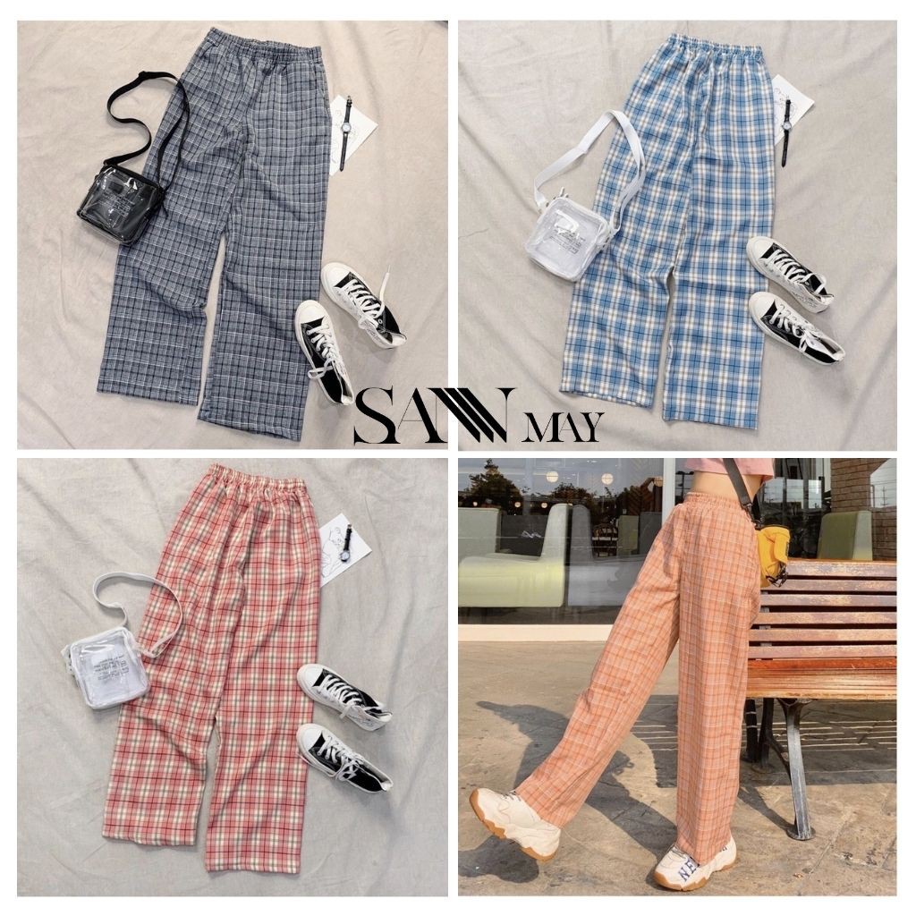 Quần Kẻ Sọc Caro Kẻ Nữ Ống Rộng Lưng Cao Quần Baggy Unisex Dáng Suông Form Dài Cạp Chun Đi Học Đẹp SANMAY QD003