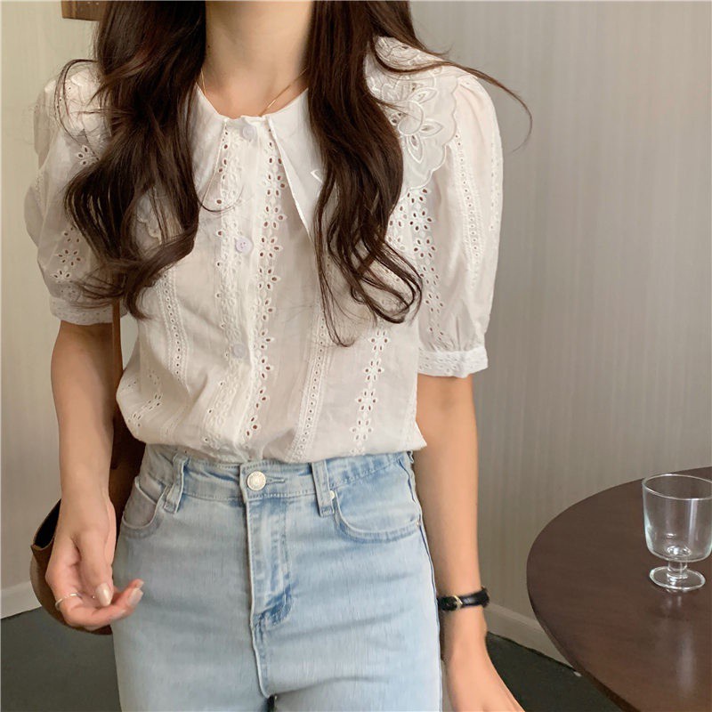 Áo sơ mi ren tay phồng cổ búp bê kiểu dáng phong cách Hàn Quốc 43904