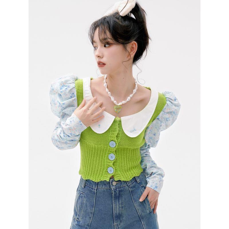 Áo Dệt Kim Tay Phồng Cổ Búp Bê In Hoa Màu Xanh Lá Phong Cách Mùa Xuân 2022 Thời Trang Mới