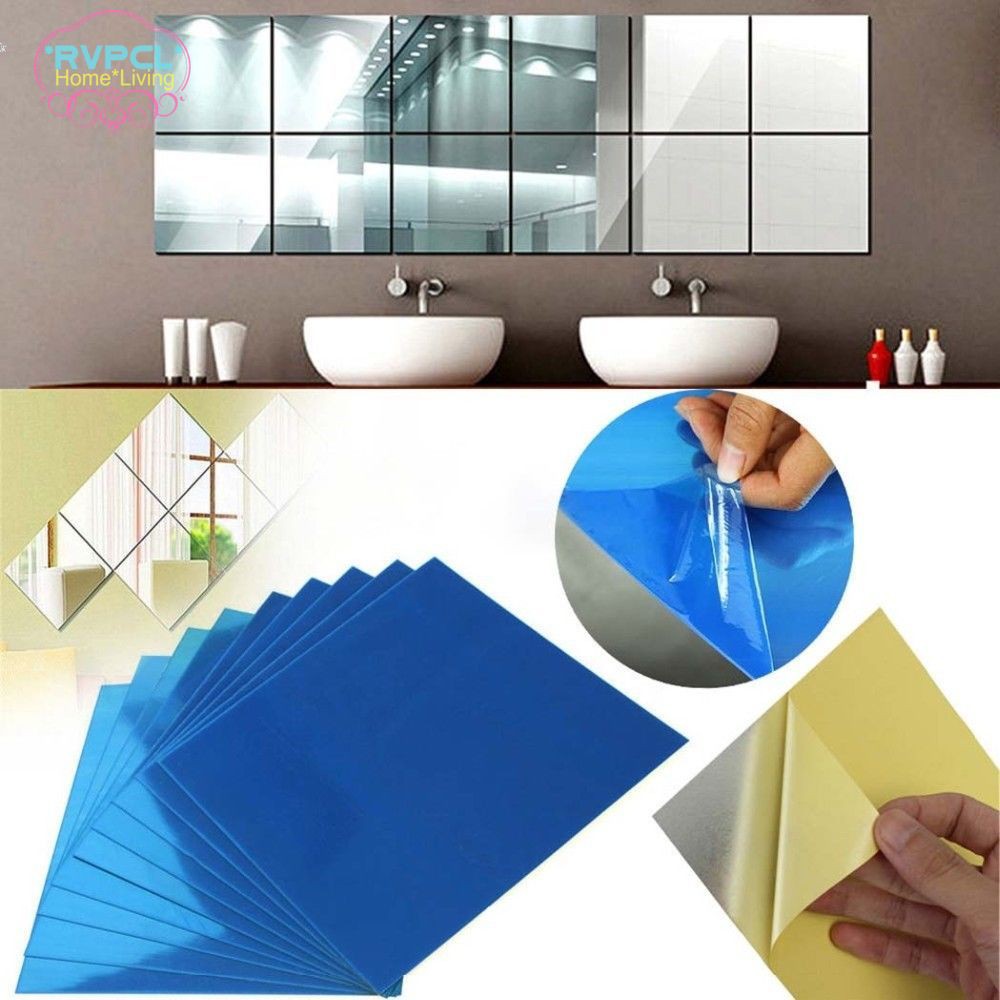 【RVPCL】 32 Pcs Mirror Tile Wall Sticker Square Self Adhesive Room Decor Stick On Modern Art @VN