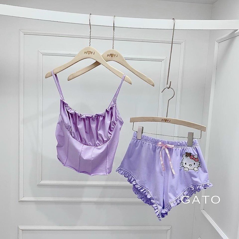 Set bộ ngủ 2 dây quần đùi bèo vải thun cotton -S0U | BigBuy360 - bigbuy360.vn